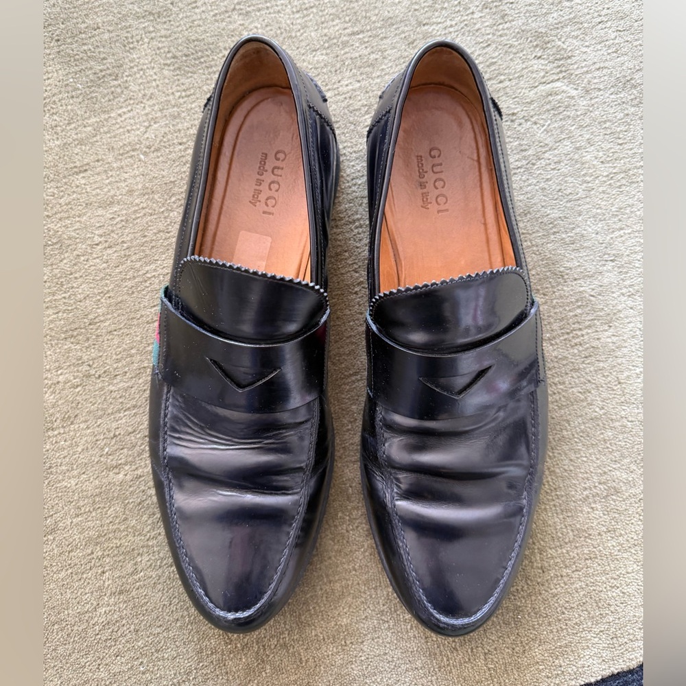 Gucci Black Leather Men’s Loafers with Green & Red Web - Picture 6 of 12